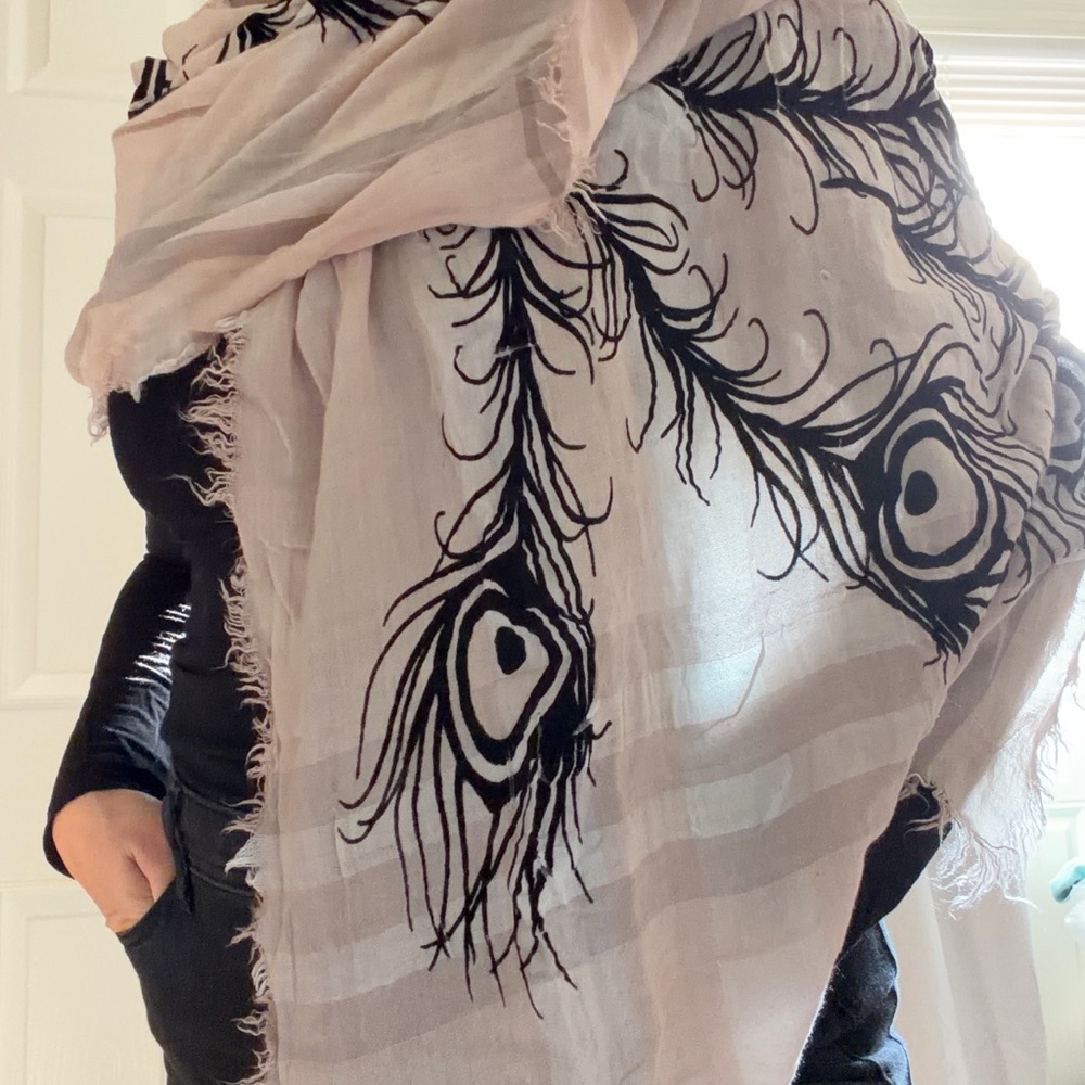 Leigh & Luca Peacock Feather Scarf – Blush & Black Oversized Wrap